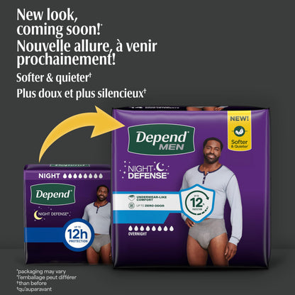 Depend Night Defense Adult Incontinence Underwear for Men, Disposable, Overnight, Small/Medium, Grey, 26 Count, Packaging May Vary Depend