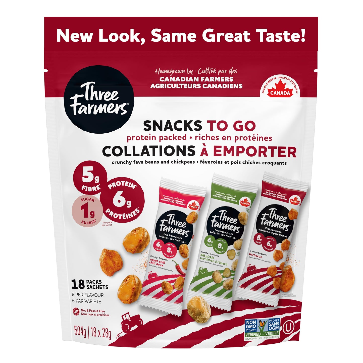 Three Farmers Variety Snack Pack - 18 Count Roasted Fava Beans & Chickpeas with Sweet Chilli, Dill Pickle & BBQ Flavors