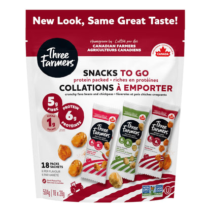 Three Farmers Variety Snack Pack - 18 Count Roasted Fava Beans & Chickpeas with Sweet Chilli, Dill Pickle & BBQ Flavors