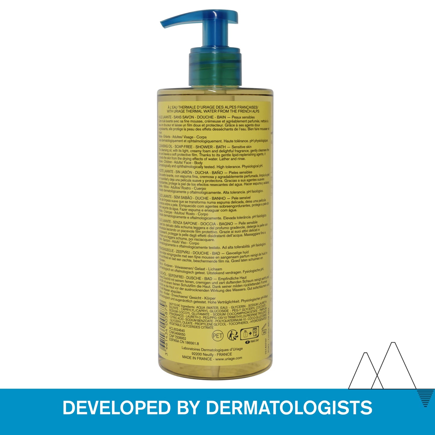 Uriage Cleansing Soothing Oil - Face & Body Daily Cleanser & Shower Oil With Glycerin & Ceramides - Whole Family Format, Babies, Children & Adults - Sensitive Skin - Soap-Free, Fragrance-Free - 500ml Uriage