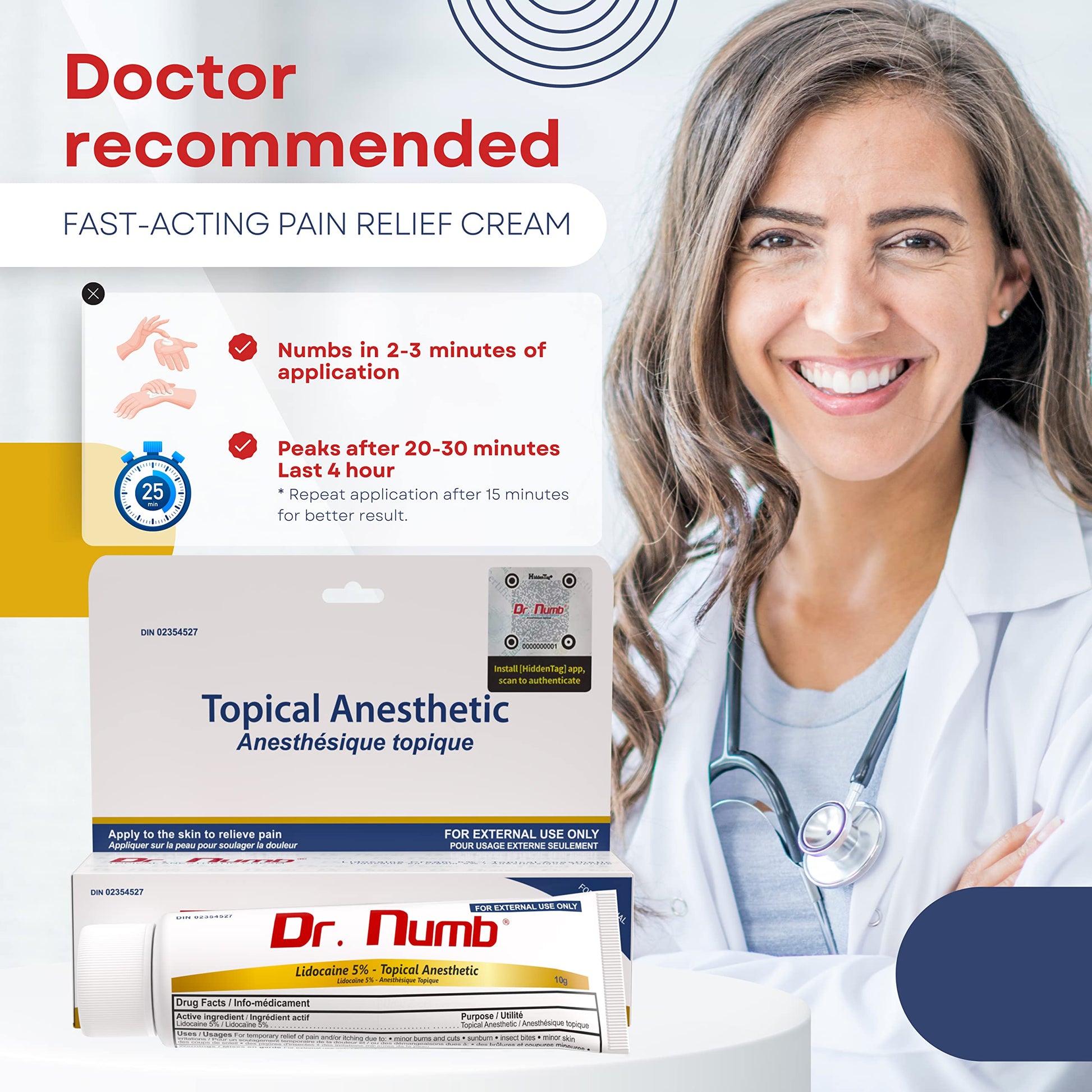 Dr. Numb Tattoo Numbing Cream 5% Lidocaine Topical Anesthetic Fast-Acting Pain Relief Cream for Tattoos, Piercing, Microblading, Microneedling, Waxing - Hemorrhoid Relief - 10 g - Available at All In One Marketplace Canada