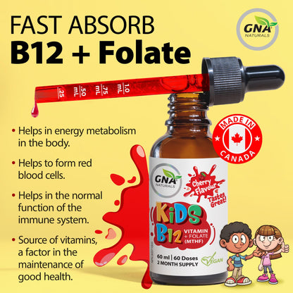 GNA Naturals Kids Vitamin B12 with Folate Supplement, 60ml - VitaminB12 Methylcobalamin 1000 mcg - Liquid Drops for Kids - Cherry Flavour- Methyl B12 Folate Supplement - Vitamin-B12-Complex – Vegan – For energy, metabolism and supports memory– Made in Can - Available at All In One Marketplace Canada