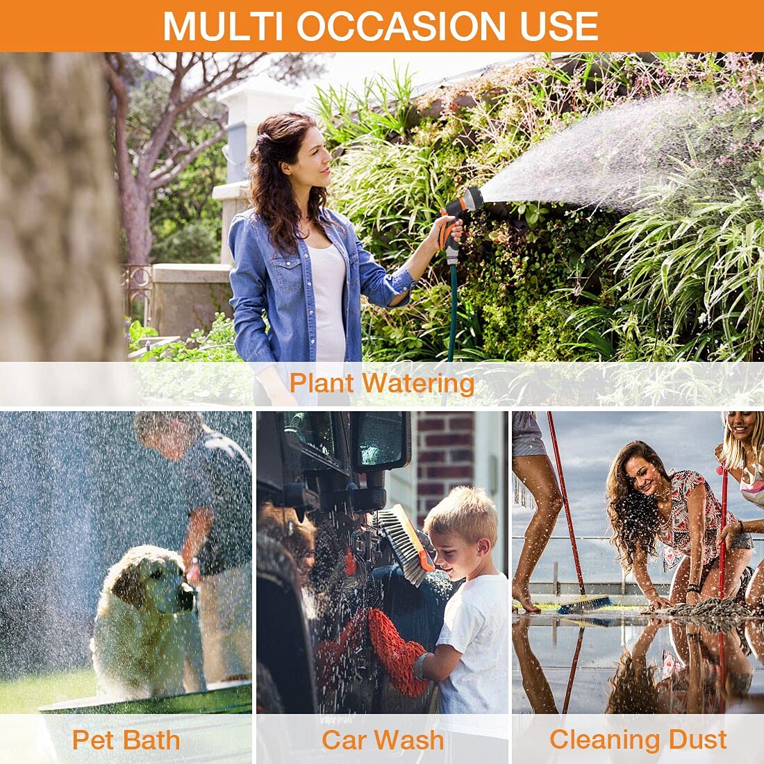 Forthcan Garden Hose Nozzle - 2 Pack Hand Sprayer With 8 Patterns for Watering, Car Wash, Cleaning and Showering Dogs & Pets (Orange)