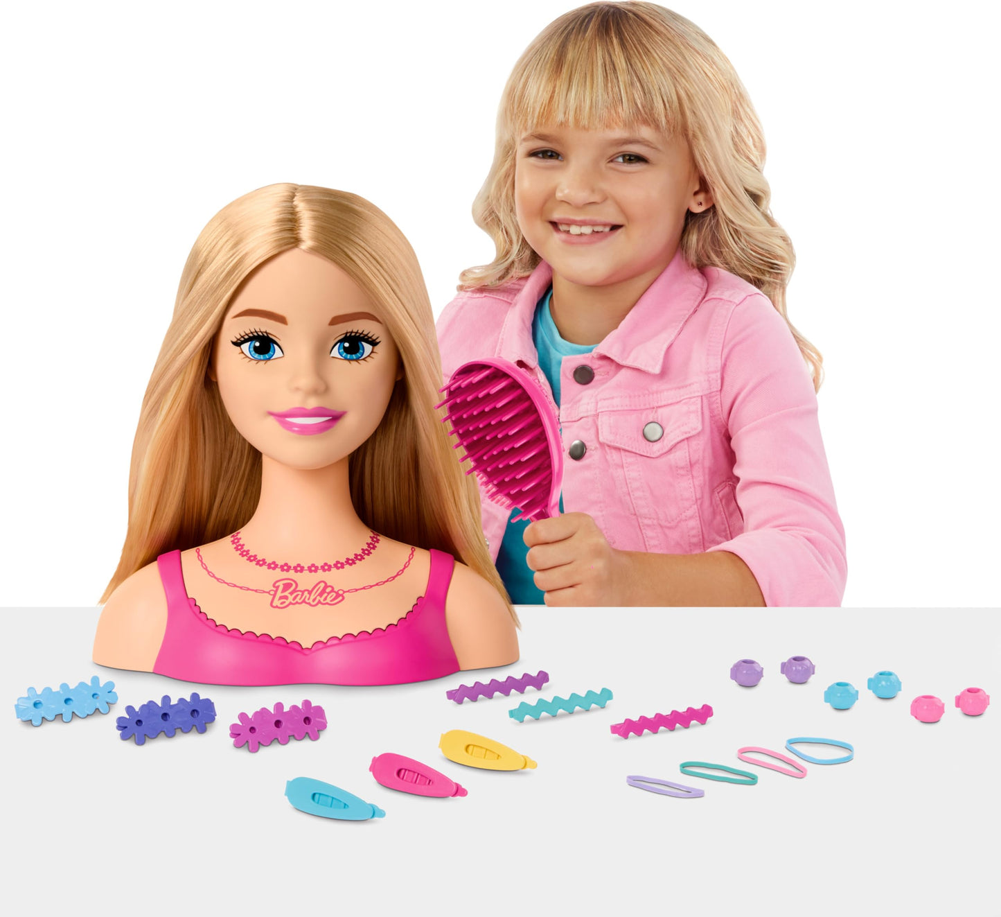 Barbie Doll Styling Head, Blond Hair with 20 Colorful Accessories, Doll Head for Hair Styling Barbie