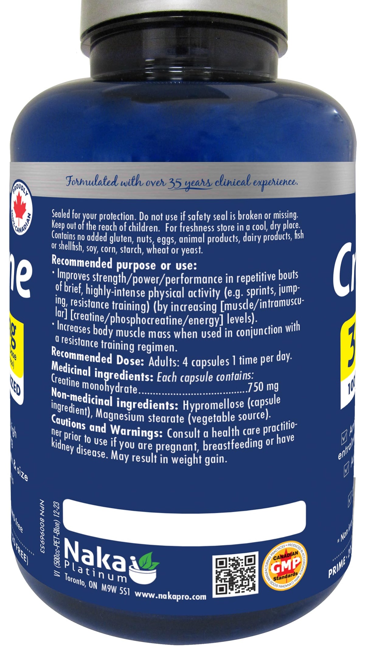 Naka Platinum Creatine Monohydrate Capsules — 100% Pure Micronized — 3g Per Dose — Supplement for Muscle Growth, Increased Strength, Enhanced Energy and Improved Athletic/Sports Performance — Vegan, Gluten-Free, Made in Canada — 50 servings — 200 vcaps