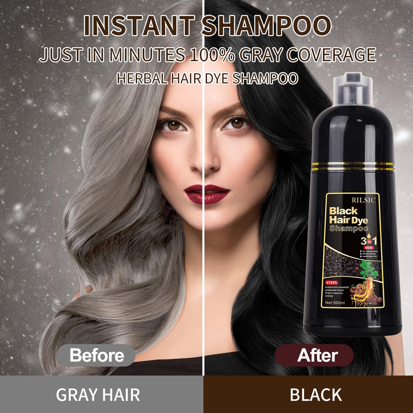 500ML Hair Color Shampoo for Women Men, Hair Dye Shampoo for Grey Hair Beard Coverage, Instant Colour Shampoo 3 in 1 - Long Lasting - Natural - Hair Coloring Hair in Minutes (Natural Black) - Available at All In One Marketplace Canada