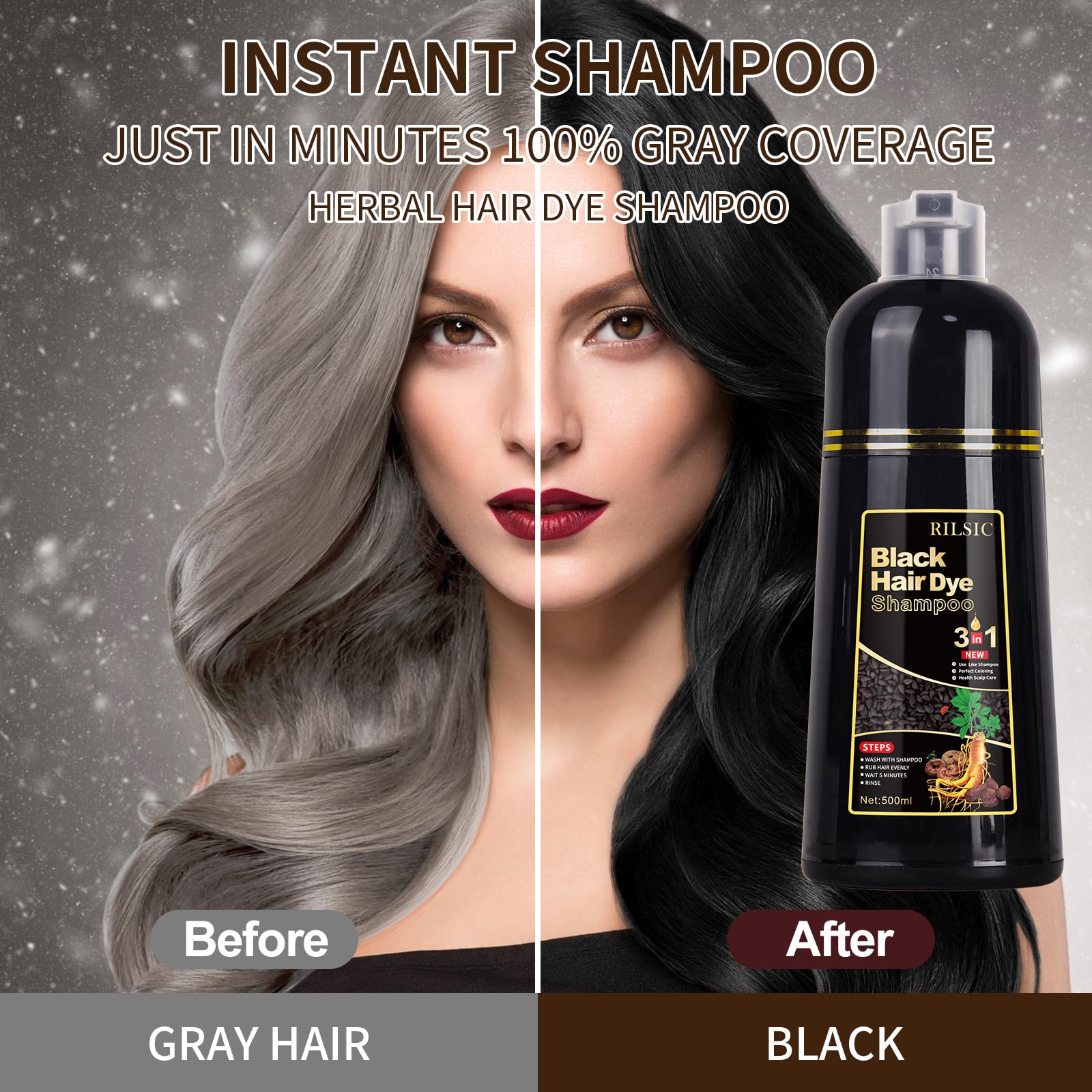 500ML Hair Color Shampoo for Women Men, Hair Dye Shampoo for Grey Hair Beard Coverage, Instant Colour Shampoo 3 in 1 - Long Lasting - Natural - Hair Coloring Hair in Minutes (Natural Black) - Available at All In One Marketplace Canada