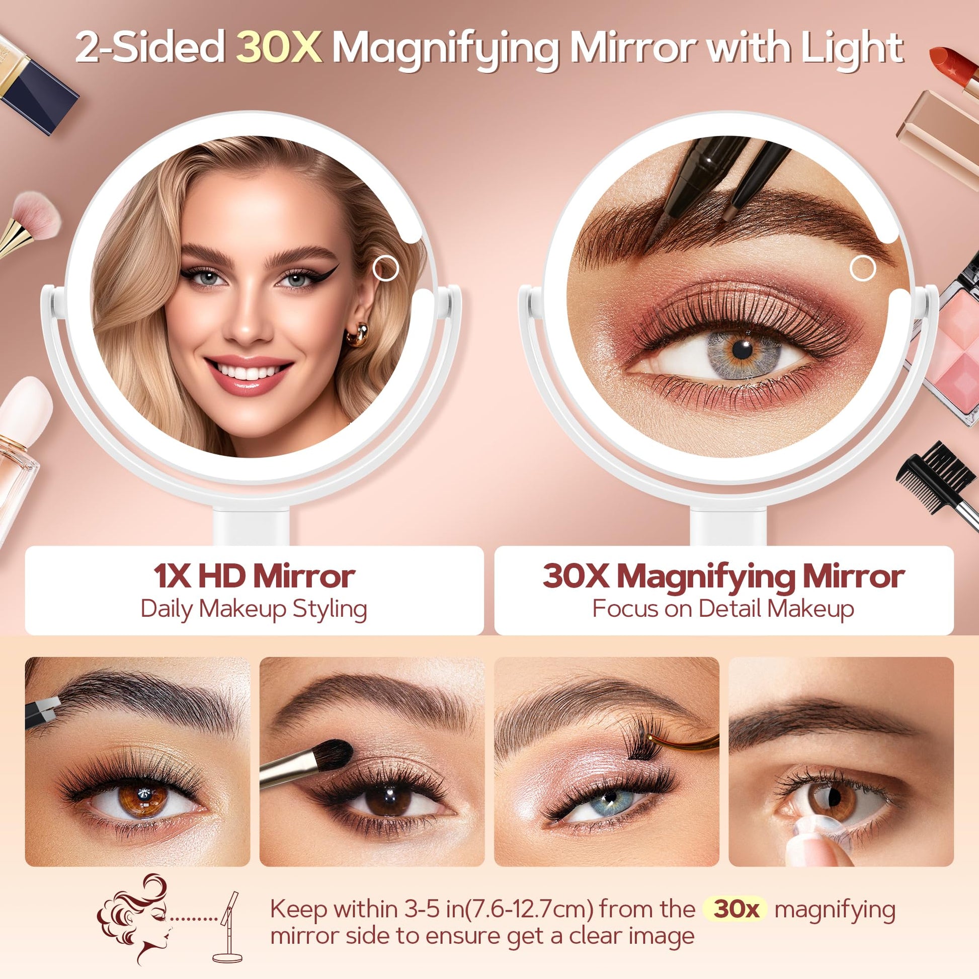 B Beauty Planet Makeup Mirror with Lights, Lighted Magnifying Mirror 30X with 3 Lighting and Adjustable Brightness, 2-Sided Height Adjustable Vanity Mirror for Bathroom, Women Gifts for Mom - Available at All In One Marketplace Canada