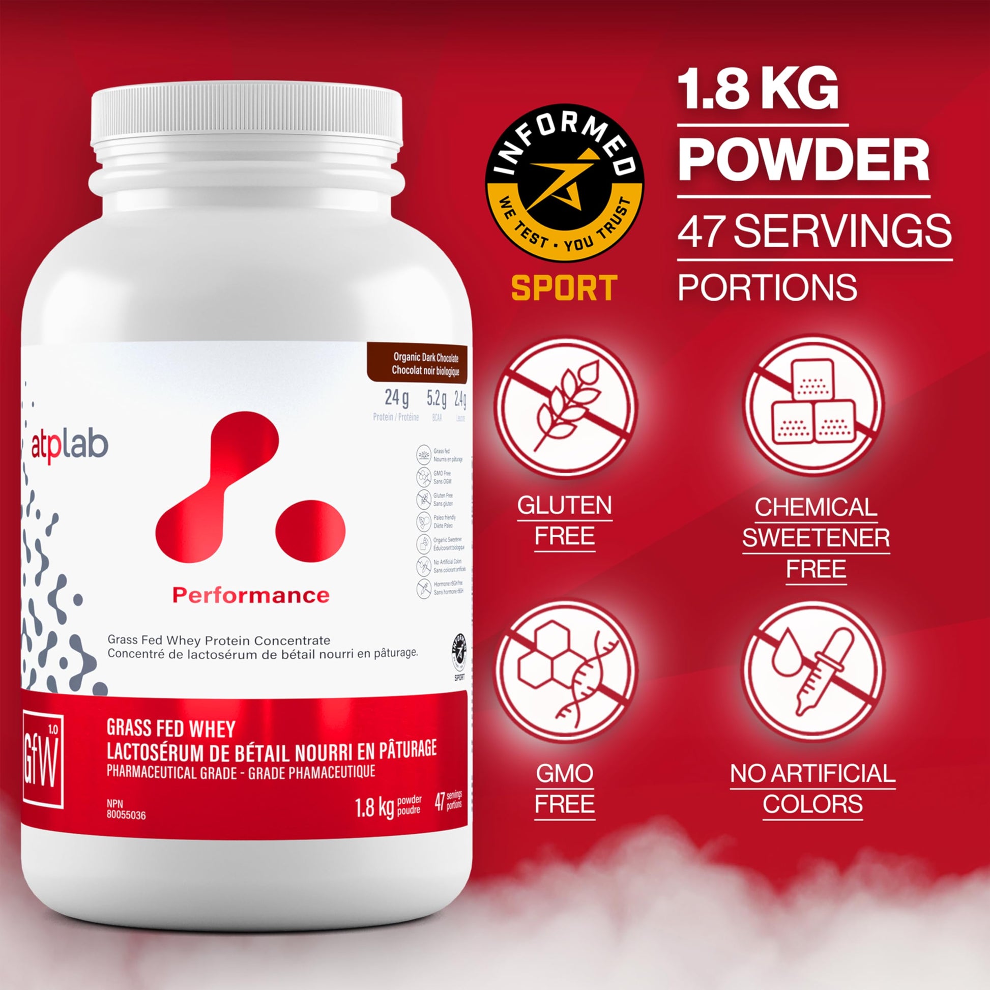 ATP LAB Grass Fed Whey Protein Concentrate - Organic Dark Chocolate - 1.8kg (47 Servings)