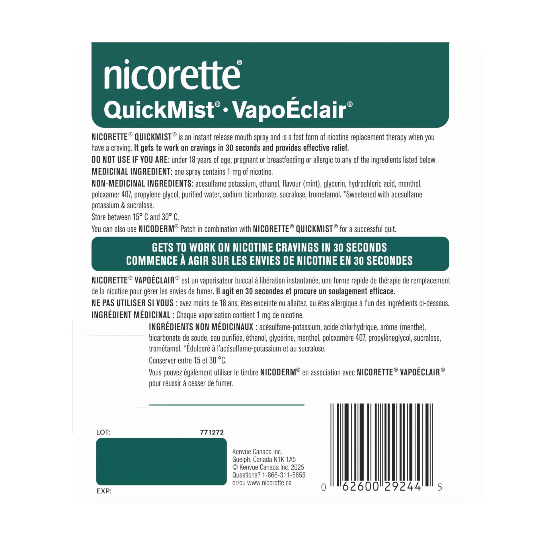 Nicorette QuickMist Nicotine Mouth Spray 1mg, Mint – NRT, 2 x 150 Sprays Nicorette