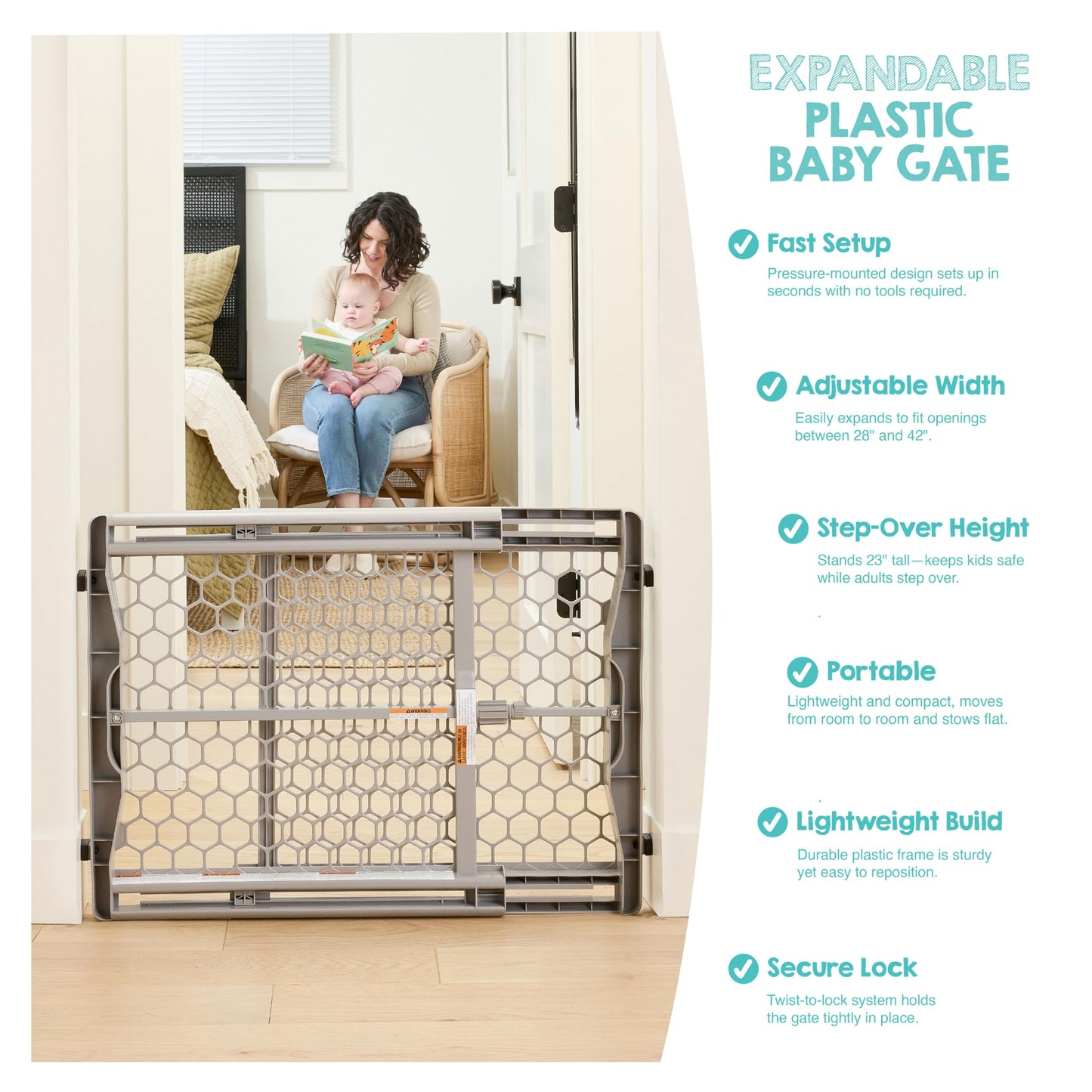 Regalo Easy Fit Plastic Adjustable Extra Wide Baby Gate, Award Winning Brand, 23 Inches Tall, Fits Openings Between 28 to 42 Inches, Pressure Mounted