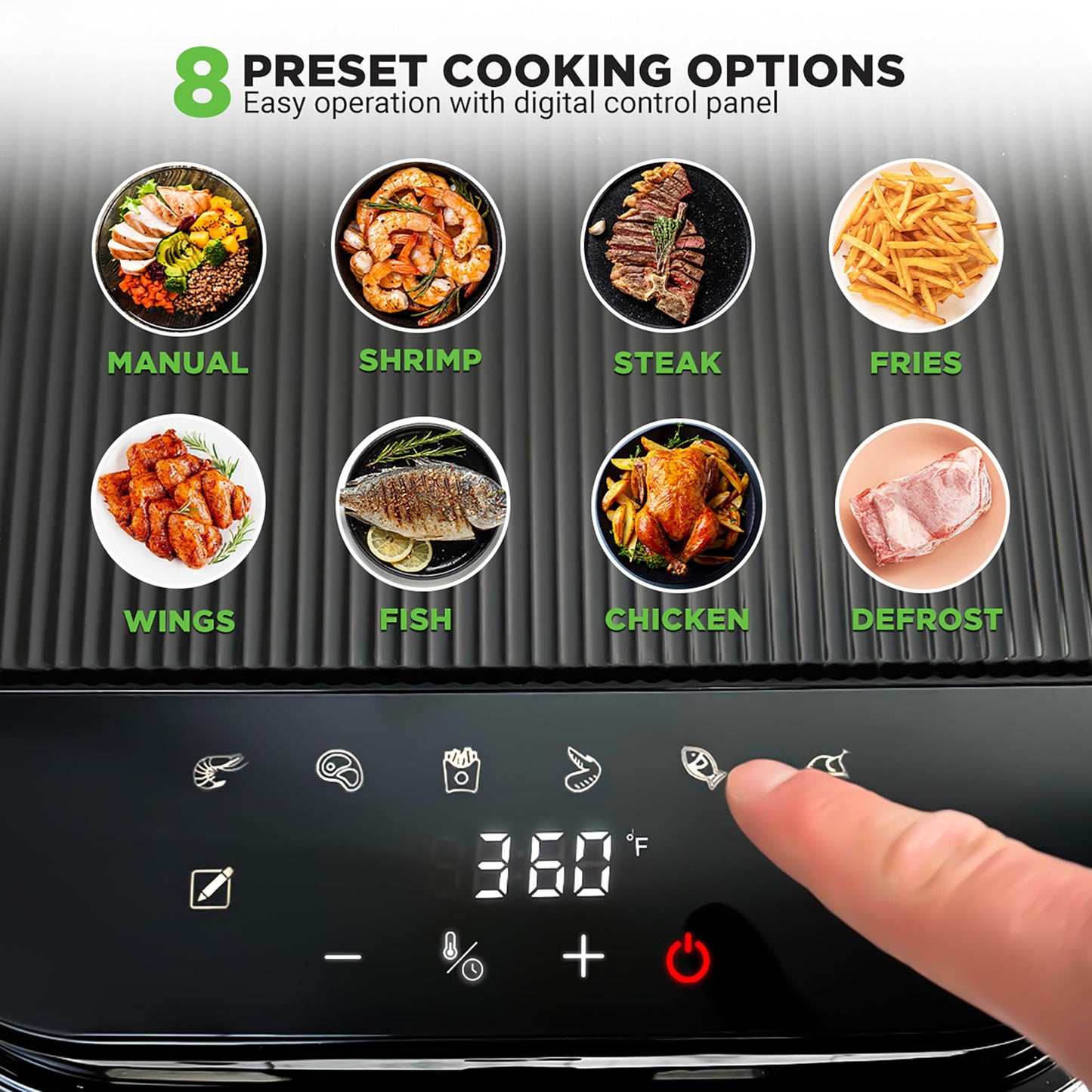 Nutrichef 5.8 Quart Air Fryer | 8-1 Preset Cook Modes | Transparent Fry Bowl for Best Cooking Results | Cook Shrimp, Steak, Fries, Wings, Chicken & More | Precise Temperature Control & Time | Black NutriChef