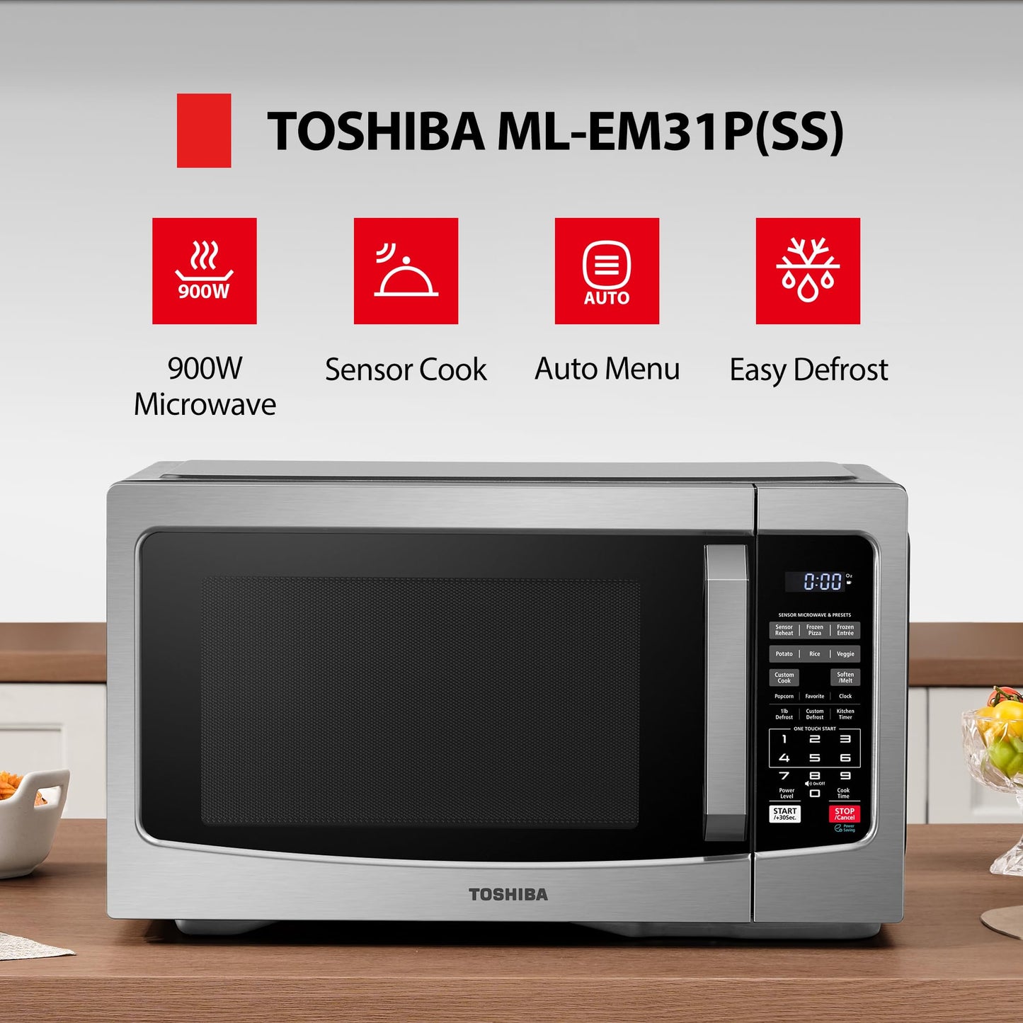 TOSHIBA ML-EM31P(SS)/CA Microwave Oven with Smart Sensor, Easy Clean Interior, ECO Mode, and Sound On/Off, 1.2 Cu. ft, Stainless Steel - Available at All In One Marketplace Canada