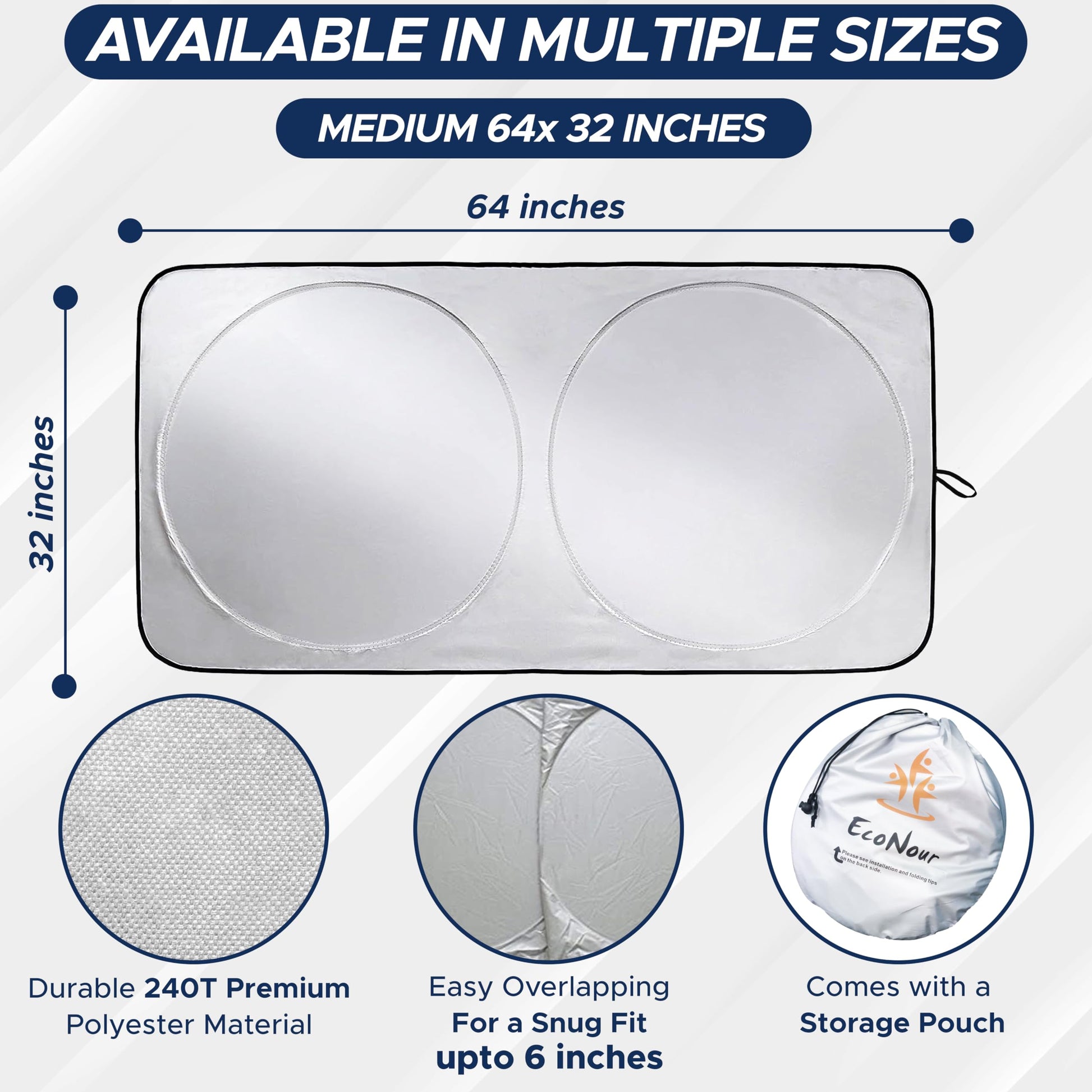 EcoNour Car Windshield Sun Shade with Storage Pouch | Front Window Sun Protector for UV Rays & Sun Heat | Car Interior Accessories Fits Small Sedans, Mini SUVs and Hatchbacks | Standard (64x32 inches)