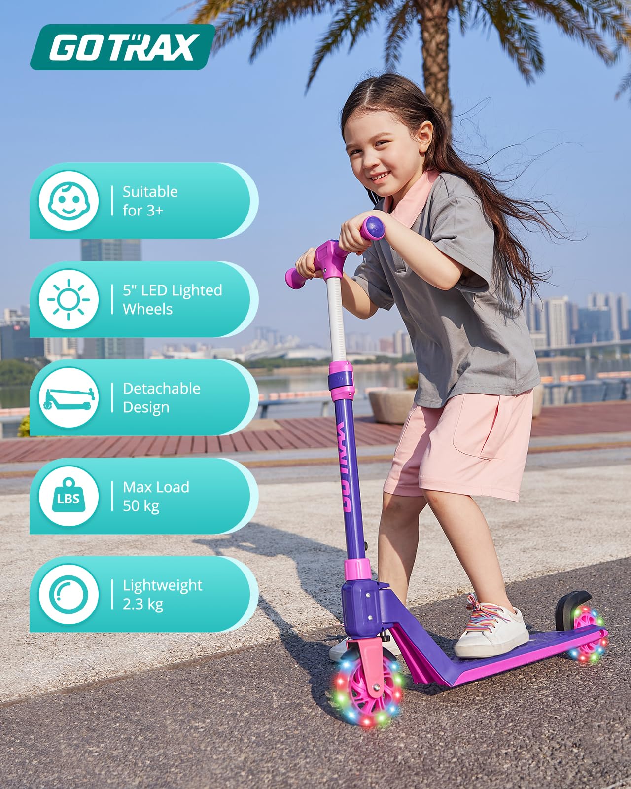 Gotrax K03 Kick Scooter for Kids, 5" LED Lighted Wheels and Adjustable Handlebars, Lightweight Design and Anti-Slip Deck, Max Load 110 Lbs, Kids Scooter for Boys & Girls Ages 3+ - Available at All In One Marketplace Canada