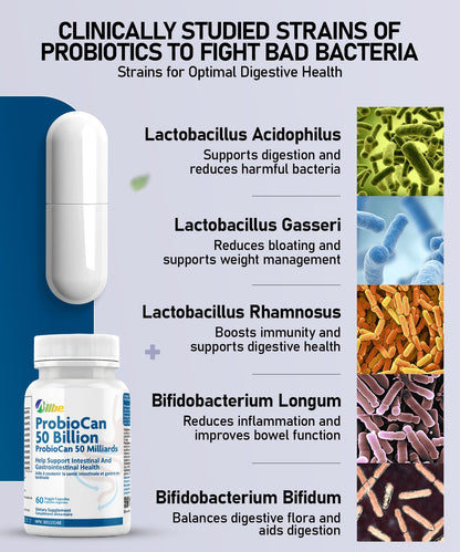 Allbe Probiotics for Men & Womens - 50 Billion CFU with 11 Strains, Lactobacillus, Acidophilus and L. Gasseri - Support Gut Health, Digestion, Weight Management and Bloating Relief - 60 Vegan Capsules, 1 Per Day - Available at All In One Marketplace Canada