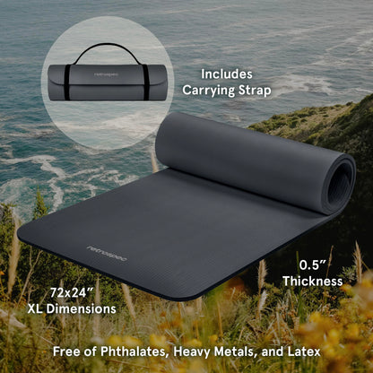 Retrospec Solana Yoga Mat 1/2" Thick w/Nylon Strap for Men & Women - Non Slip Excercise Mat for Yoga, Pilates, Stretching, Floor & Fitness Workouts, Graphite