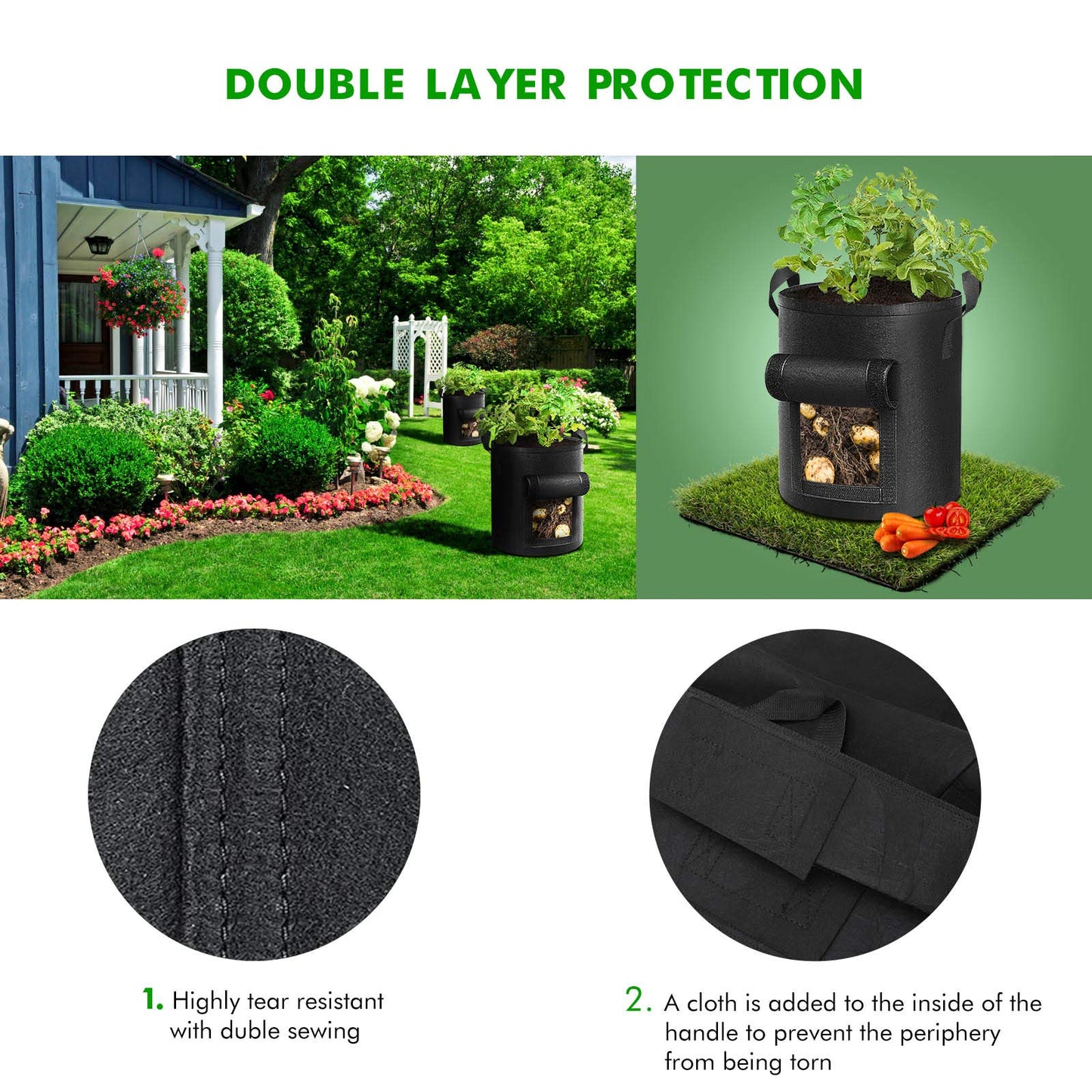 Cavisoo 5-Pack 10 Gallon Potato Grow Bags, Garden Planting Bag with Reinforced Handle, Thickened Nonwoven Fabric Pots for Tomato, Vegetable and Fruits - Available at All In One Marketplace Canada
