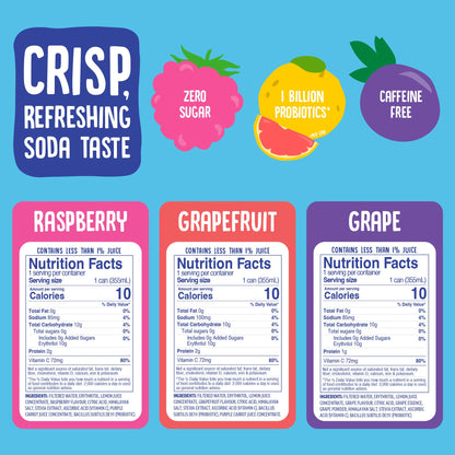 Cove Probiotic Soda Variety Pack – Zero Sugar, Vitamin C Enriched, Caffeine Free – Raspberry, Grapefruit & Grape Flavors, 12 Cans