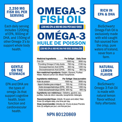 Fish Oil Omega 3 EPA & DHA 2250 mg | Burpless Lemon Flavor Triple Strength Supplement with Fatty Acids from Wild Icelandic Fish | Supports Joint, Eyes, Brain & Skin Health | Non GMO | 90 Softgels - Available at All In One Marketplace Canada