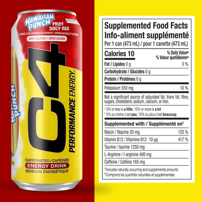 Cellucor C4 Performance Energy Drink, Hawaiian Punch Juicy Red, Carbonated Sugar Free Drink with no Artificial Colours or Dyes, 473mL, 12 count