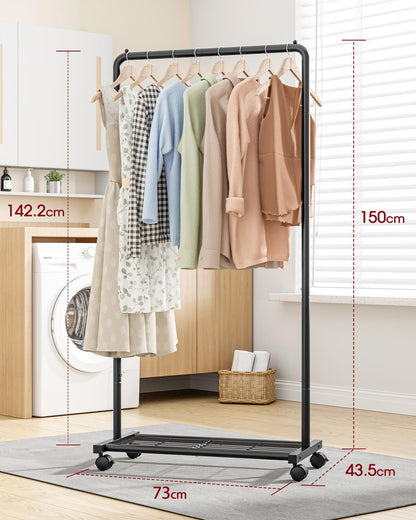 Sakugi Clothing Rack - Movable Multi-Functional Coat Rack with 4 Universal Wheels, Long-Lasting Metal Clothes Rack with Extra Storage Shelf for Bedroom, Office, Laundry(Black, 73W x 43.5D x 150H cm)