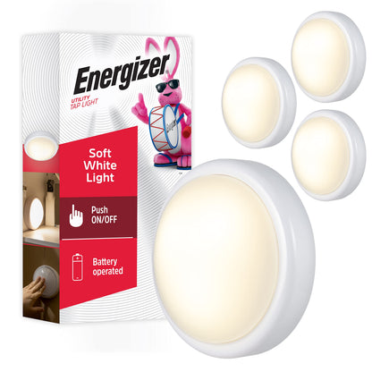 Energizer LED Tap, 4 Pack, Push, Battery Operated, Touch, Stick On Lights, Wireless, Puck, Under Cabinet Lighting, Perfect for Closets, Kitchen and More, 48958-P1
