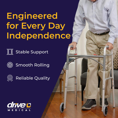 Drive Medical Two-Button Folding Walker w/ Wheels - Lightweight Rolling Mobility Support - Desk Arms - Adjustable Height - Dual Push-Button Operation - 5 Inch Front Wheels - Durable Aluminum - Silver Drive Medical