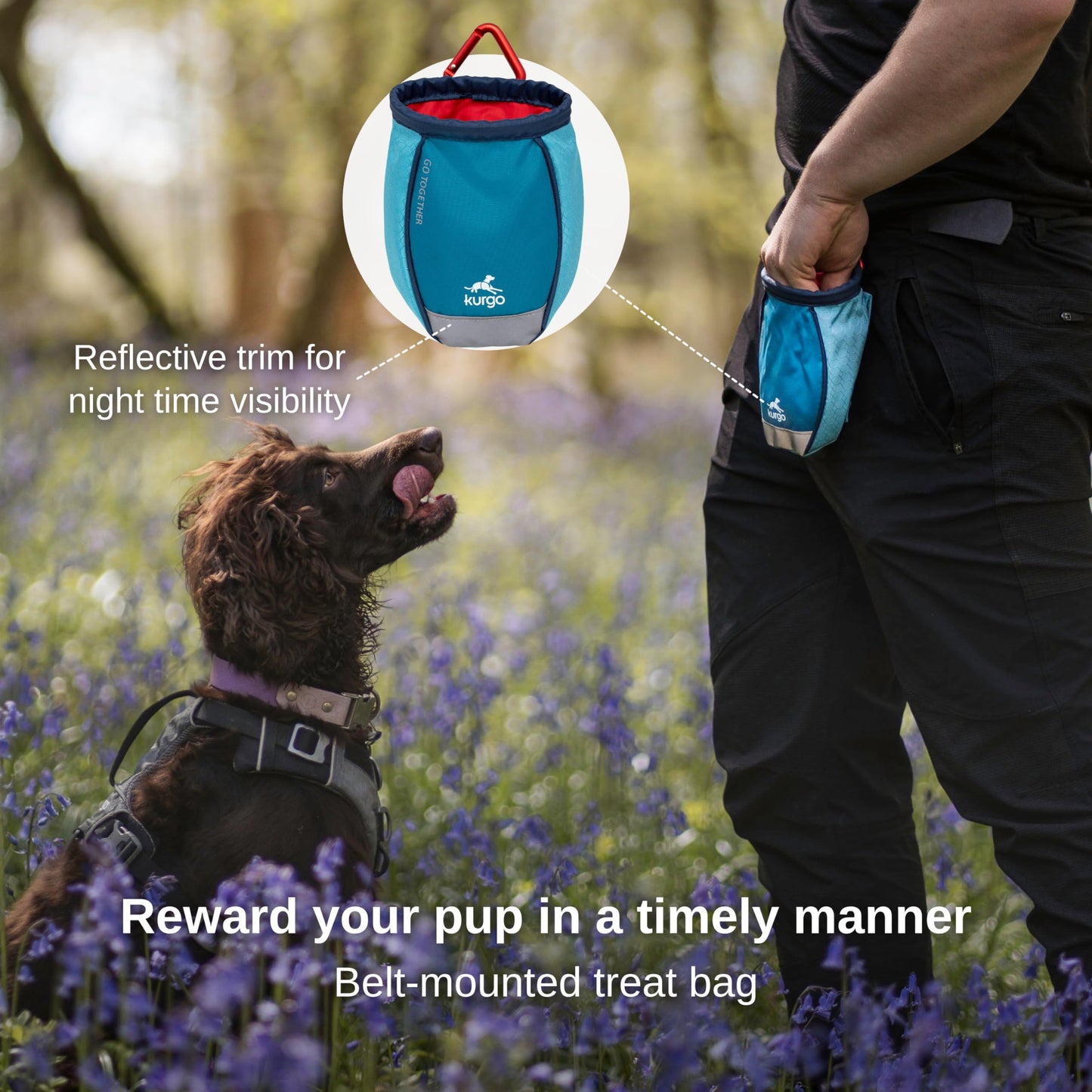 Kurgo Dog Training Treat Pouch Bag, Treat Bags for Dogs, Portable Pet Pocket Waist Clip Bag, Reflective Snack Bag for Pets, Includes Clip and Carabiner, Go Stuff-it Bag, Coastal Blue Kurgo