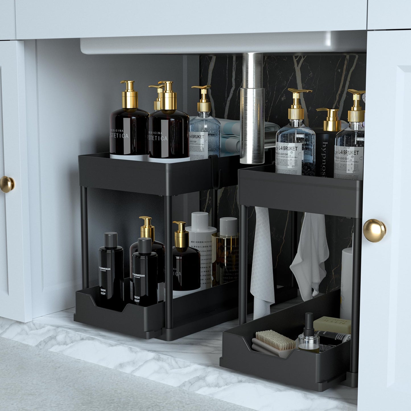 2-PACK Under Sink Organizers and Storage with Sliding Drawer, 2-Tier Bathroom Under Sink Shelf Rack,Multi-Functional Cabinet Storage Space Saver For Kitchen/Bathroom/Bedroom/Office. - Available at All In One Marketplace Canada