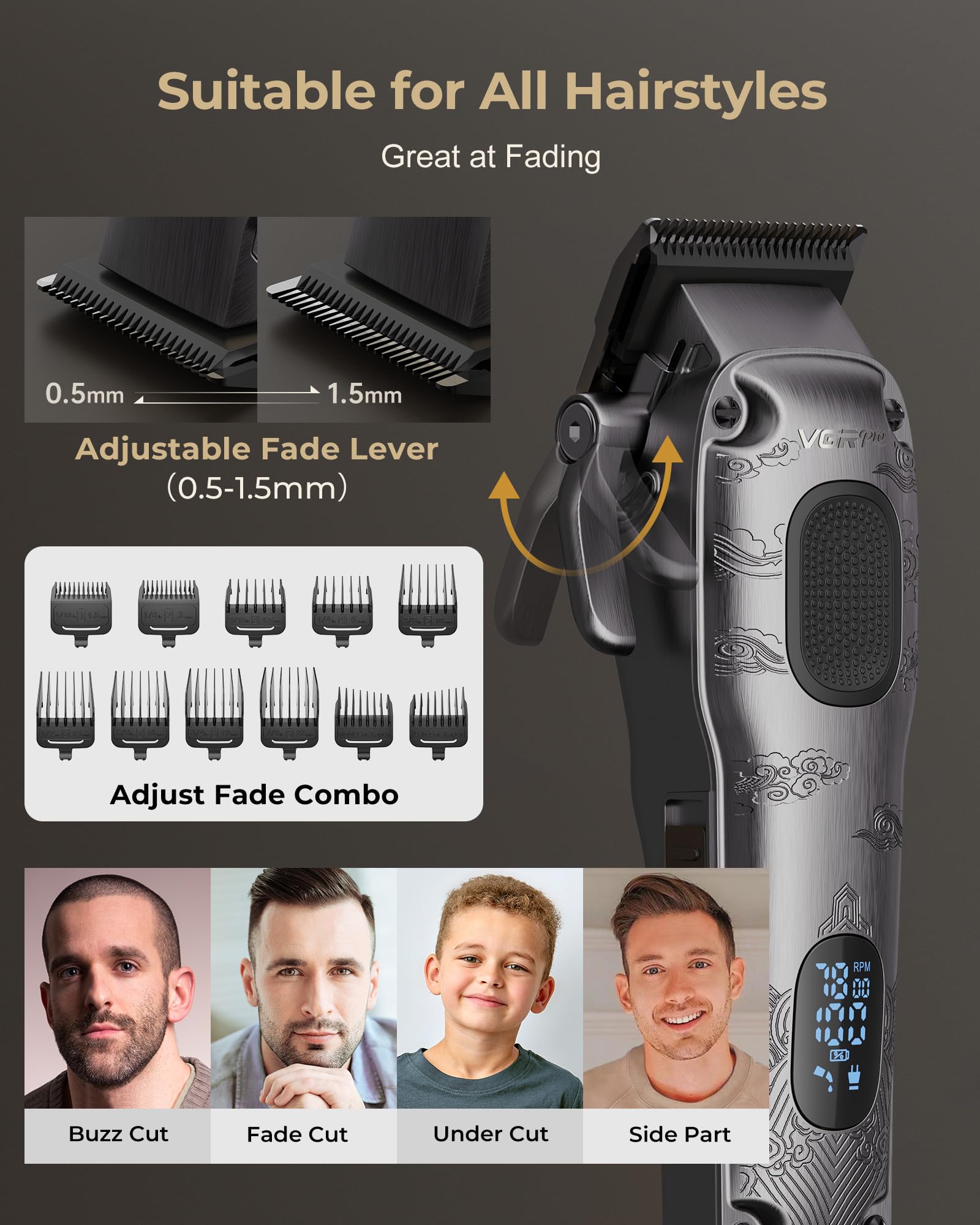 VGRPRO Hair Clippers for Men Professional, Cordless Hair Clippers for Hair Cutting, Mens Clippers and Trimmers Set, Electric Hair Trimmer for Men with Package Case (Gray) - Available at All In One Marketplace Canada