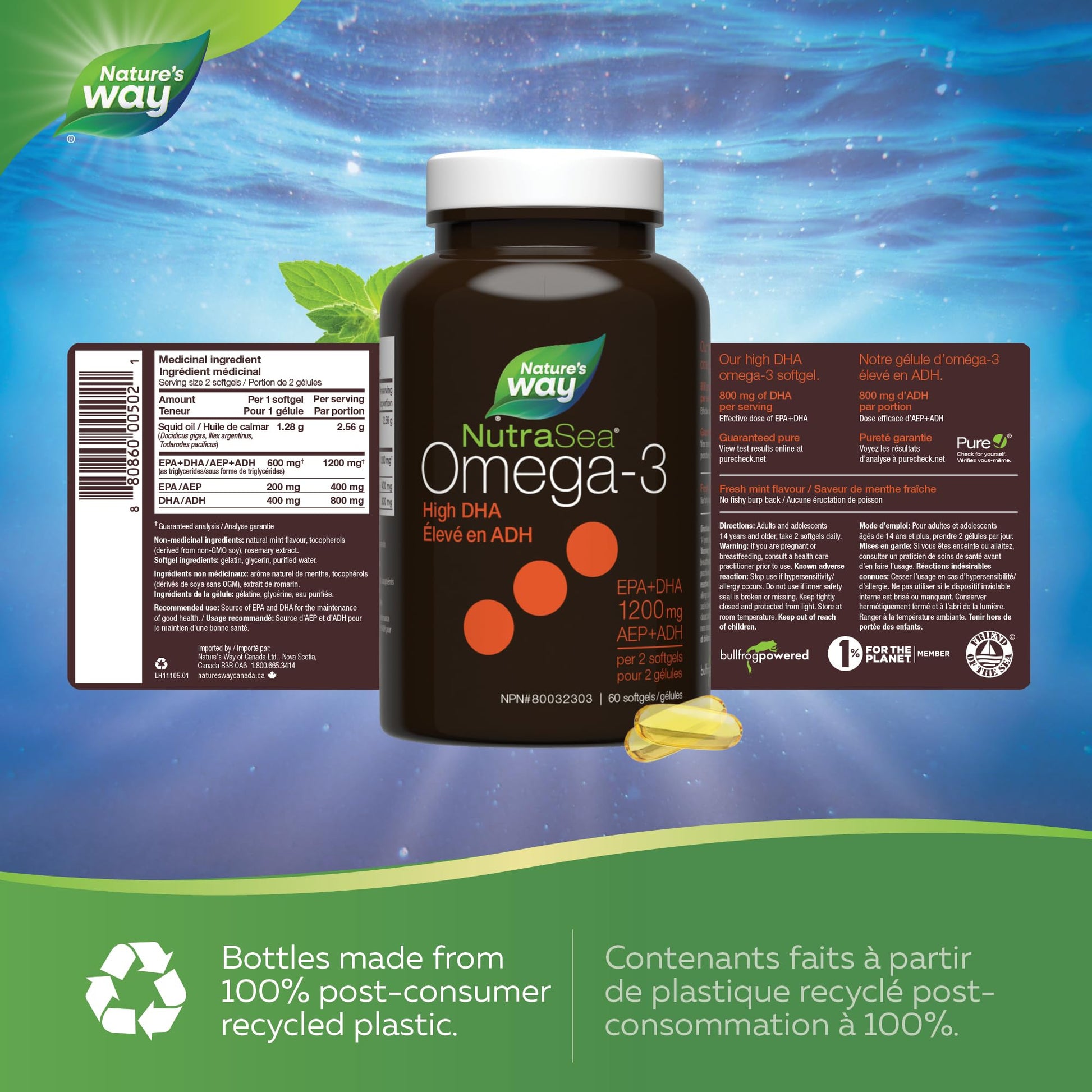 Nature's Way NutraSea DHA 2X Concentrated Omega 3 Softgels Supplement – Fresh Mint Flavour – Brain & Eye Support for Adults and Kids Ages 14+ – 500mg DHA, 60 Softgels Nature's Way