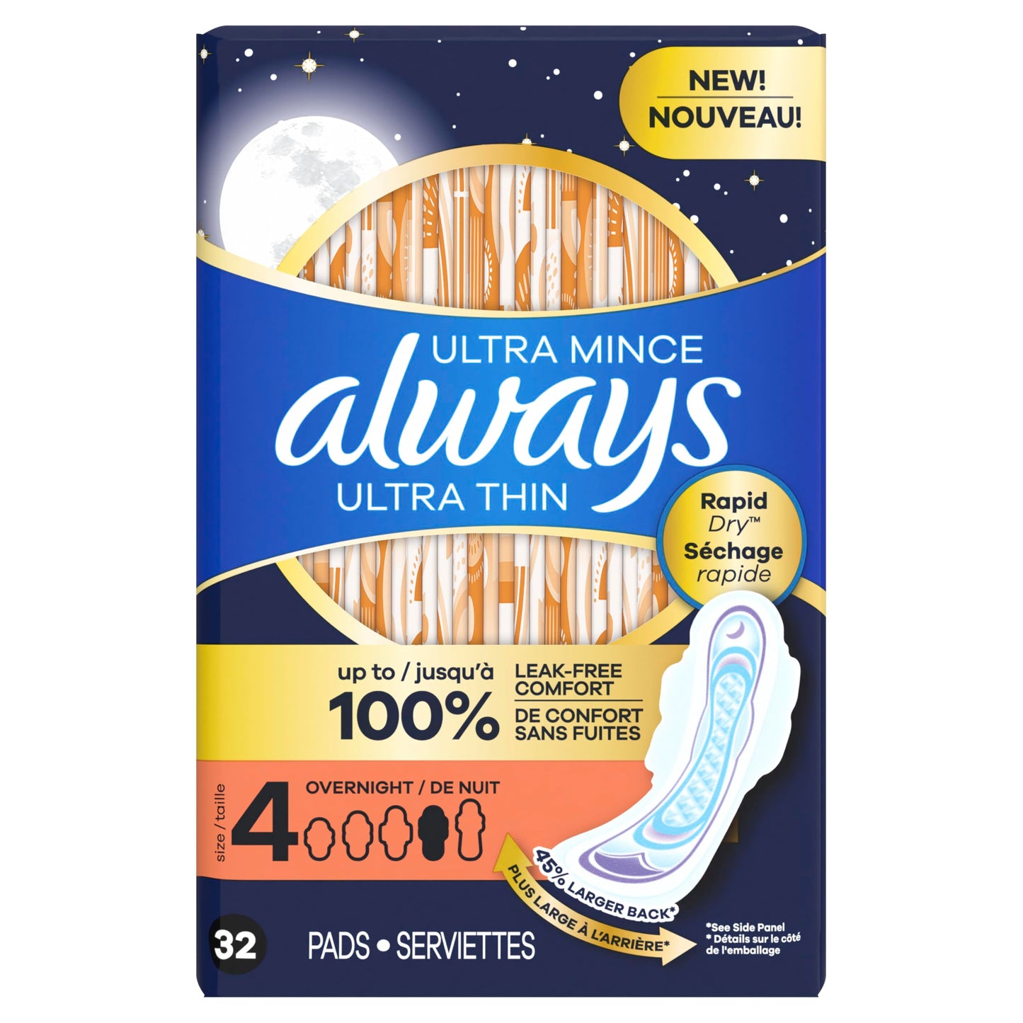 Always Ultra Thin Feminine Pads with Wings for Women, Size 4, Overnight Absorbency, Unscented, 96 Count