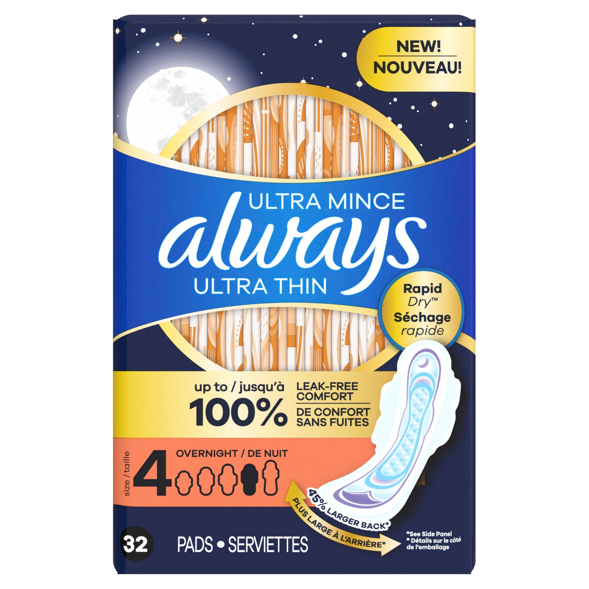 Always Ultra Thin Feminine Pads with Wings for Women, Size 4, Overnight Absorbency, Unscented, 96 Count