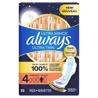 Always Ultra Thin Feminine Pads with Wings for Women, Size 4, Overnight Absorbency, Unscented, 96 Count