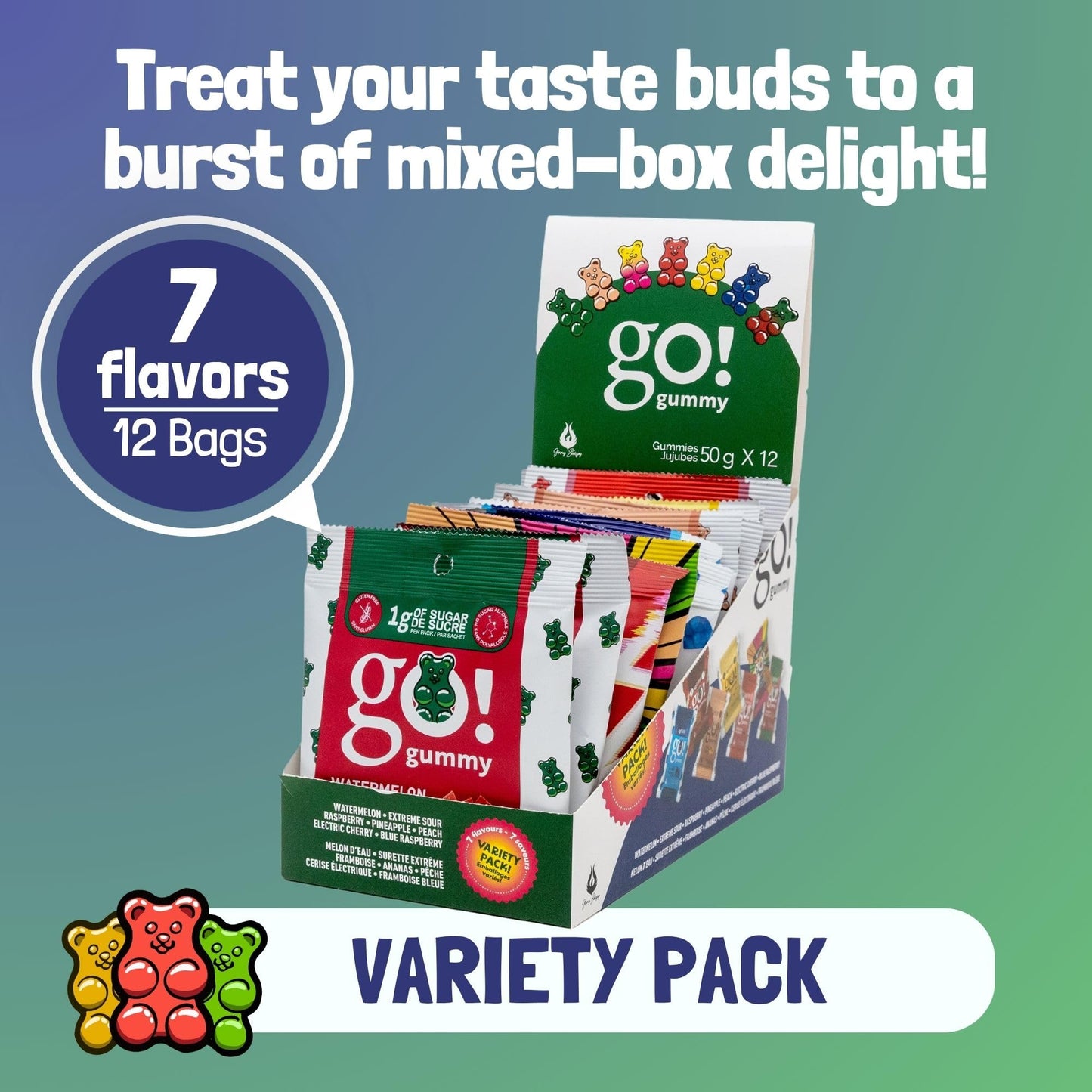 Jimmy Sevigny GoGummy Low Sugar Gummy Bears - 7 Flavor Variety Pack, High Fiber, Gluten-Free (12 x 50g Bags)