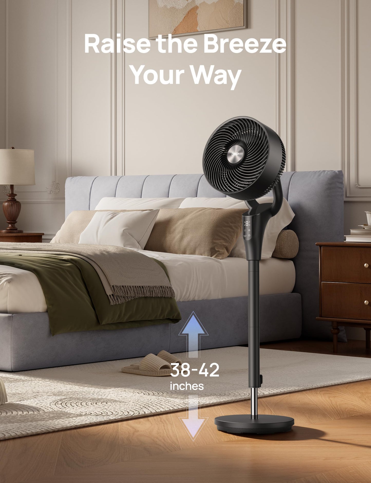 DREO Fan for Bedroom, 90° Oscillating Standing Fan, 20dB Quiet, 90ft Pedestal Fans for Room Office, DC Motor, 8+H Speeds, 3 Modes, 38-42'' Adjustable Height, Remote, 8H Timer, 105° Manual Vertical