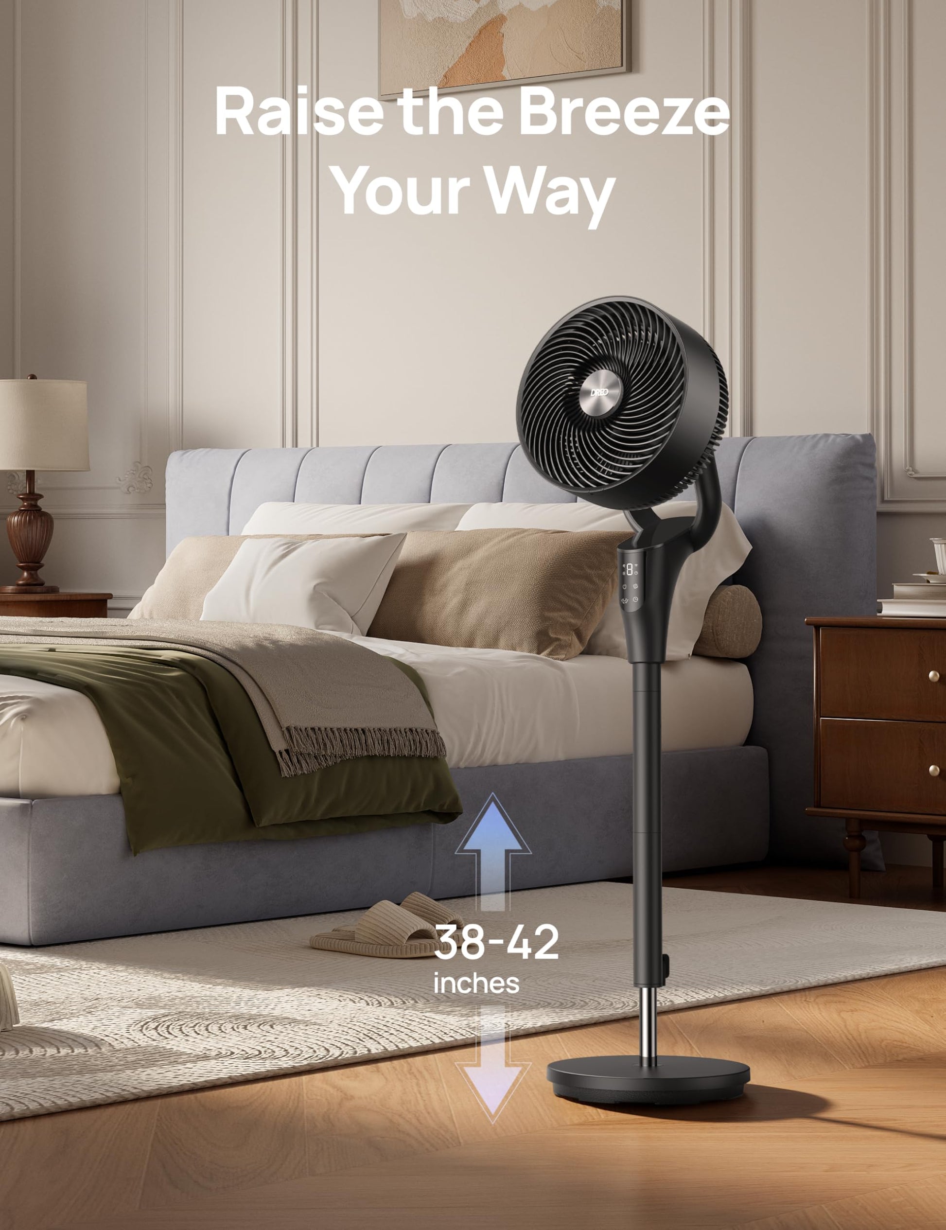 DREO Fan for Bedroom, 90° Oscillating Standing Fan, 20dB Quiet, 90ft Pedestal Fans for Room Office, DC Motor, 8+H Speeds, 3 Modes, 38-42'' Adjustable Height, Remote, 8H Timer, 105° Manual Vertical