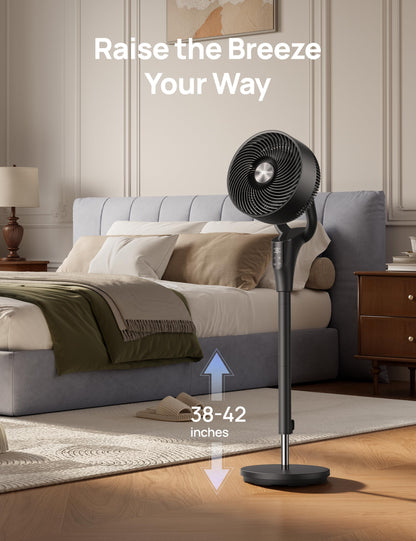DREO Fan for Bedroom, 90° Oscillating Standing Fan, 20dB Quiet, 90ft Pedestal Fans for Room Office, DC Motor, 8+H Speeds, 3 Modes, 38-42'' Adjustable Height, Remote, 8H Timer, 105° Manual Vertical