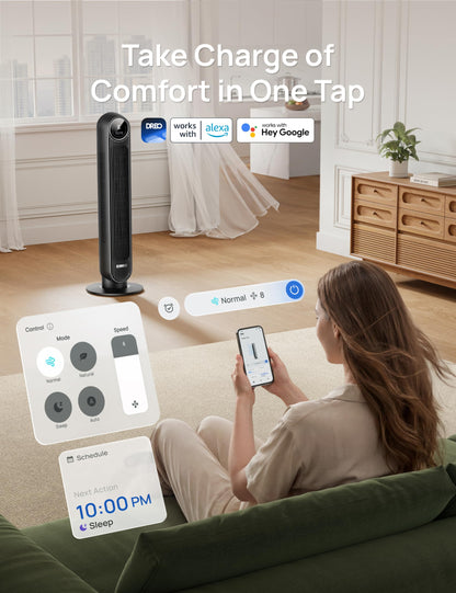 DREO Tower Fan for Bedroom, Smart Oscillating Quiet Floor Fans, Standing Bladeless Fan with Remote and WiFi Voice Control, 4 Modes, 4 Speeds, 8H Timer, 28dB, Works with Alexa/Google 🍁 All In One Marketplace Canada