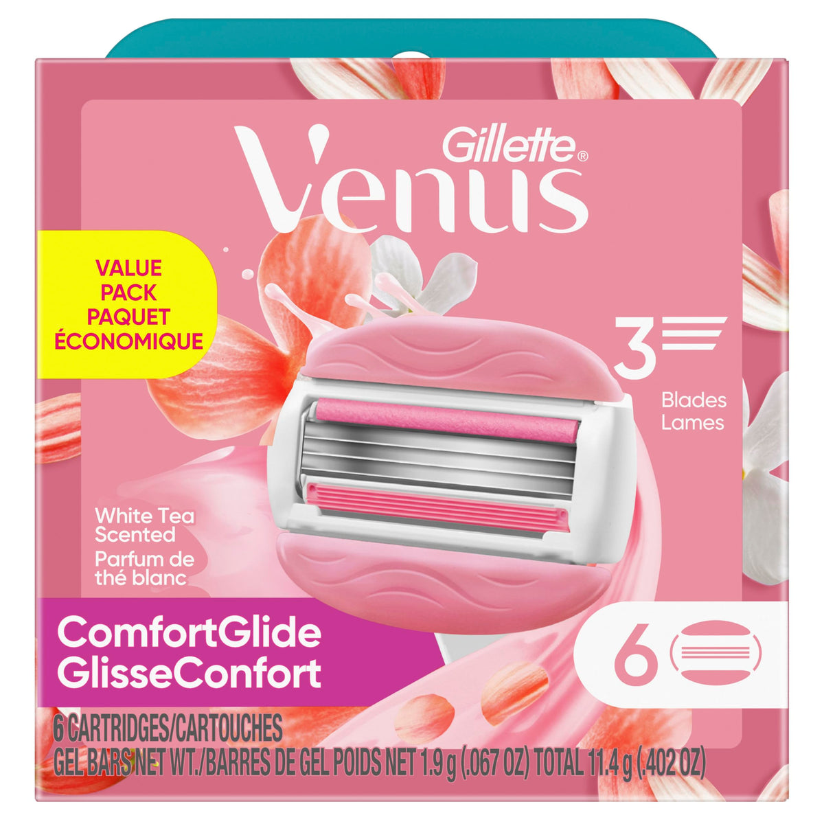 Gillette Venus ComfortGlide Womens Razor Blade Refills, 6 Count, White Tea Scented Gel Bar Protects Against Skin Irritation (Pack of 1)