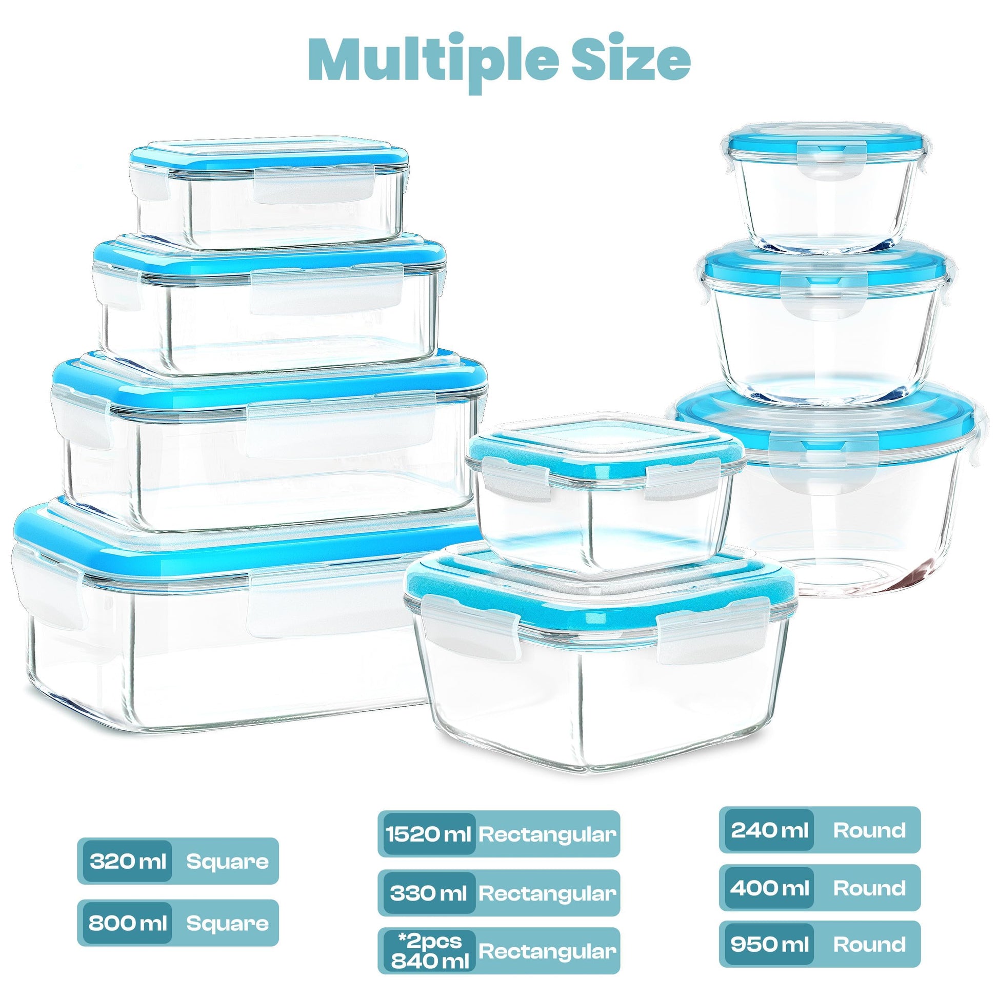 KICHLY 9 Pack Glass Container Food Storage with Airtight Lids, Leakproof Lunch Boxes, BPA-Free, Large, Small and Round Meal Prep Glass Storage Containers, Microwave Safe - Available at All In One Marketplace Canada