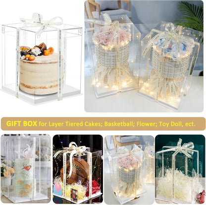 2 Pack 12x12x14 Inch Clear Tall Cake Box with Lid & Ribbon - Transparent Wedding Birthday Party Cake Container for Large Tiered Layer Cakes - Durable Gift Packaging Box 🍁 All In One Marketplace Canada