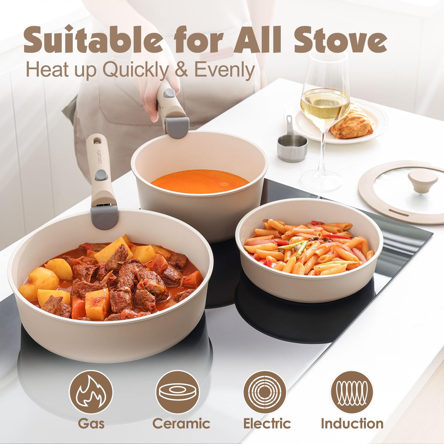 SENSARTE 17 Piece Ceramic Pots and Pans Set, Nonstick Detachable Handle Cookware, Induction Kitchen Cookware Set with Removable Handle, Dishwasher ＆ Oven Safe (Almond Beige) - Available at All In One Marketplace Canada