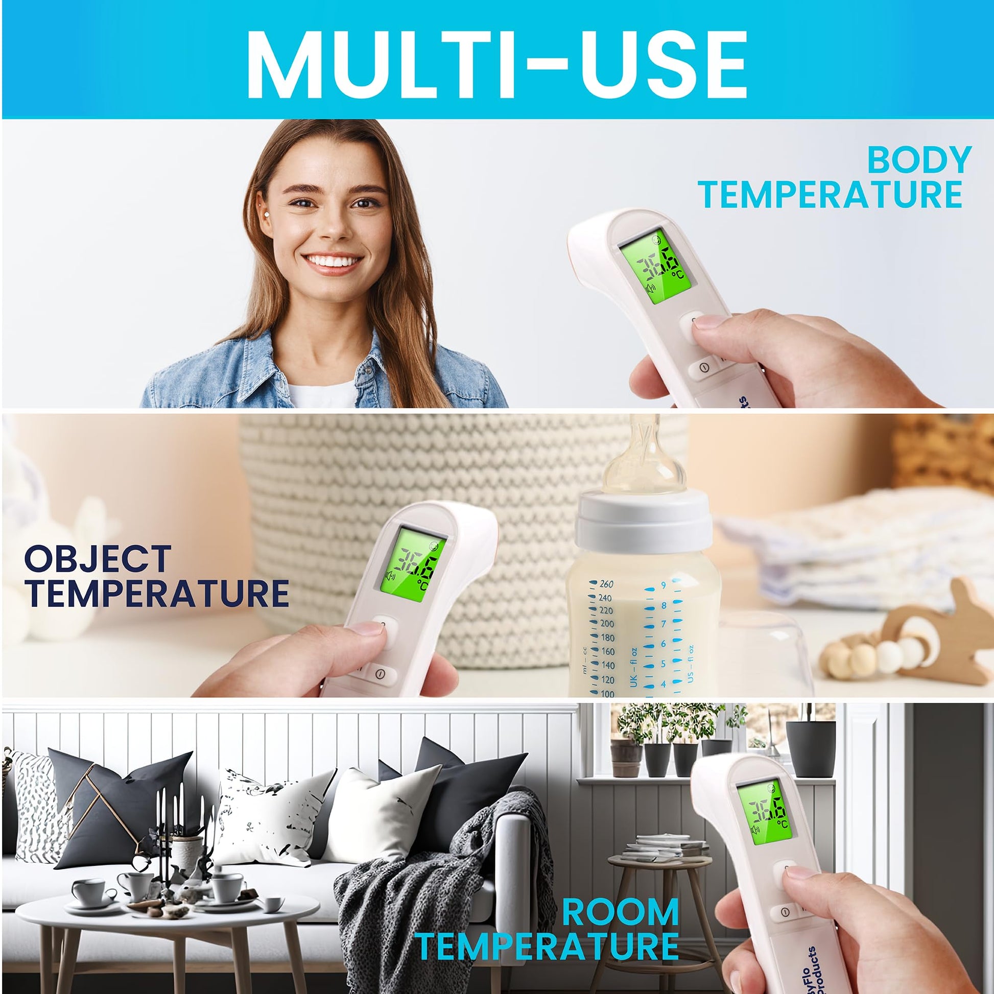 ByFloProducts, Thermometer Adult and Baby, Forehead Digital Thermometer, Infrared Thermometer, Memory and Fever Alarm, Easy to Use, 1 Second Reading Temperature