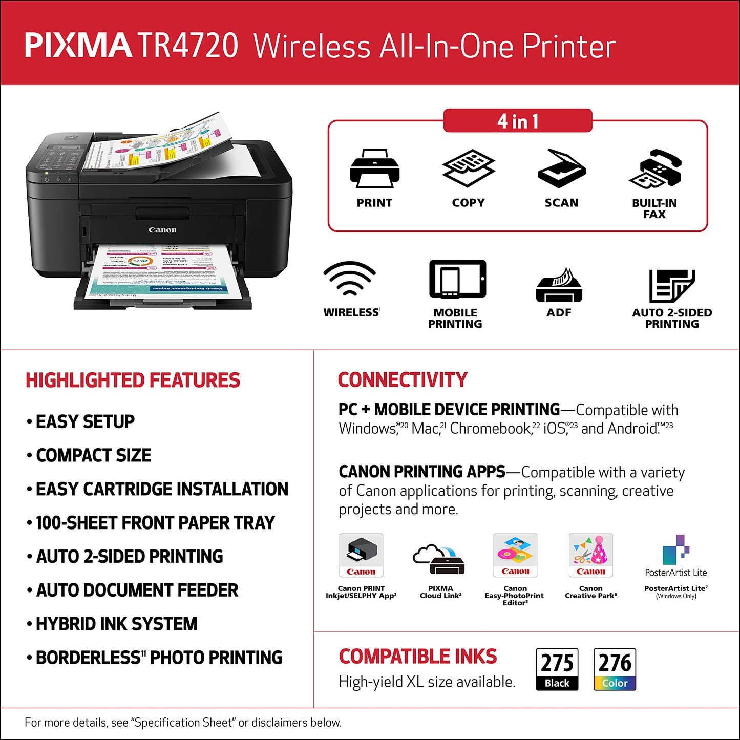 Canon PIXMA TR4720 - All-in-One Wireless Printer for Home Use, Print, Copy, Scan, and Built-in Fax, with Auto Document Feeder, Mobile Printing, Black