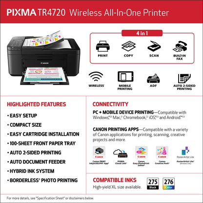 Canon PIXMA TR4720 - All-in-One Wireless Printer for Home Use, Print, Copy, Scan, and Built-in Fax, with Auto Document Feeder, Mobile Printing, Black