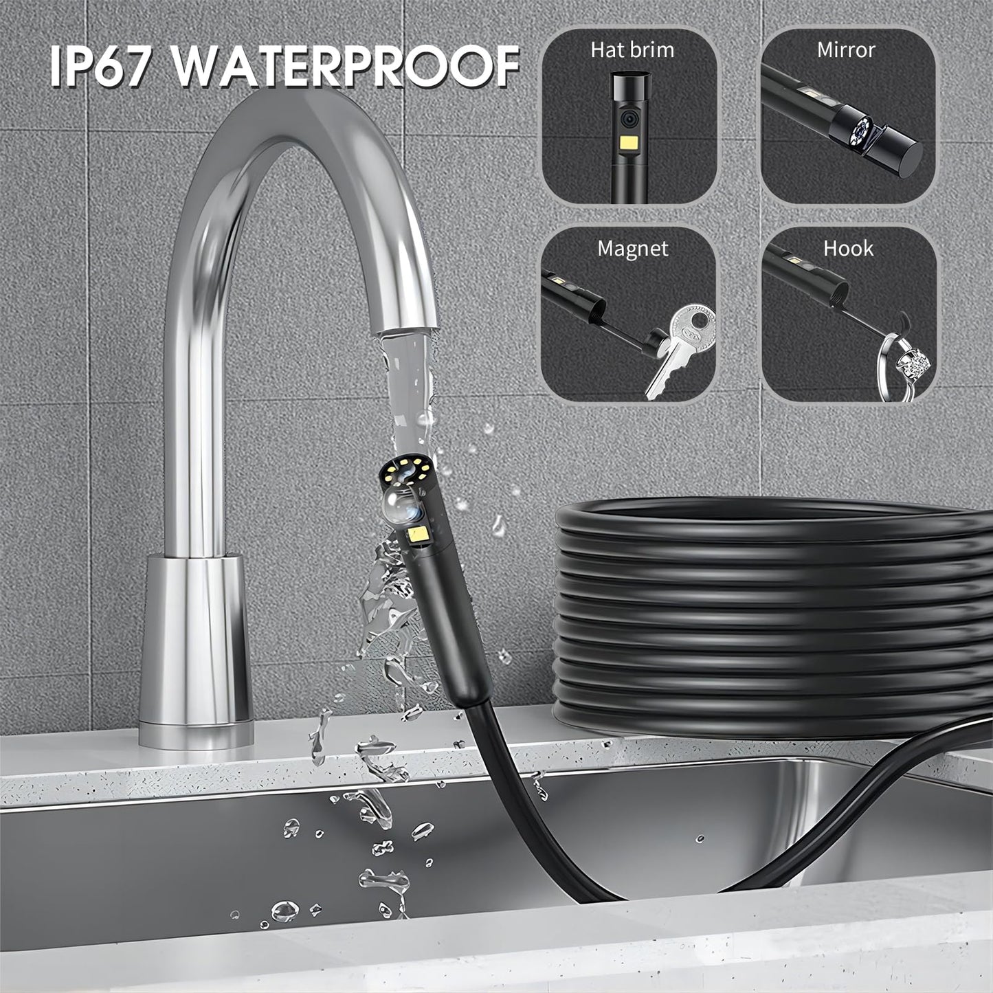 Dual Lens Endoscope Camera with Light, DPduct 1920P HD Borescope Inspection with 8+1 Lights, 7.9mm IP67 Waterproof 16.4ft Semi-Rigid Cable Snake Camera for Android and iOS,iPhone,iPad