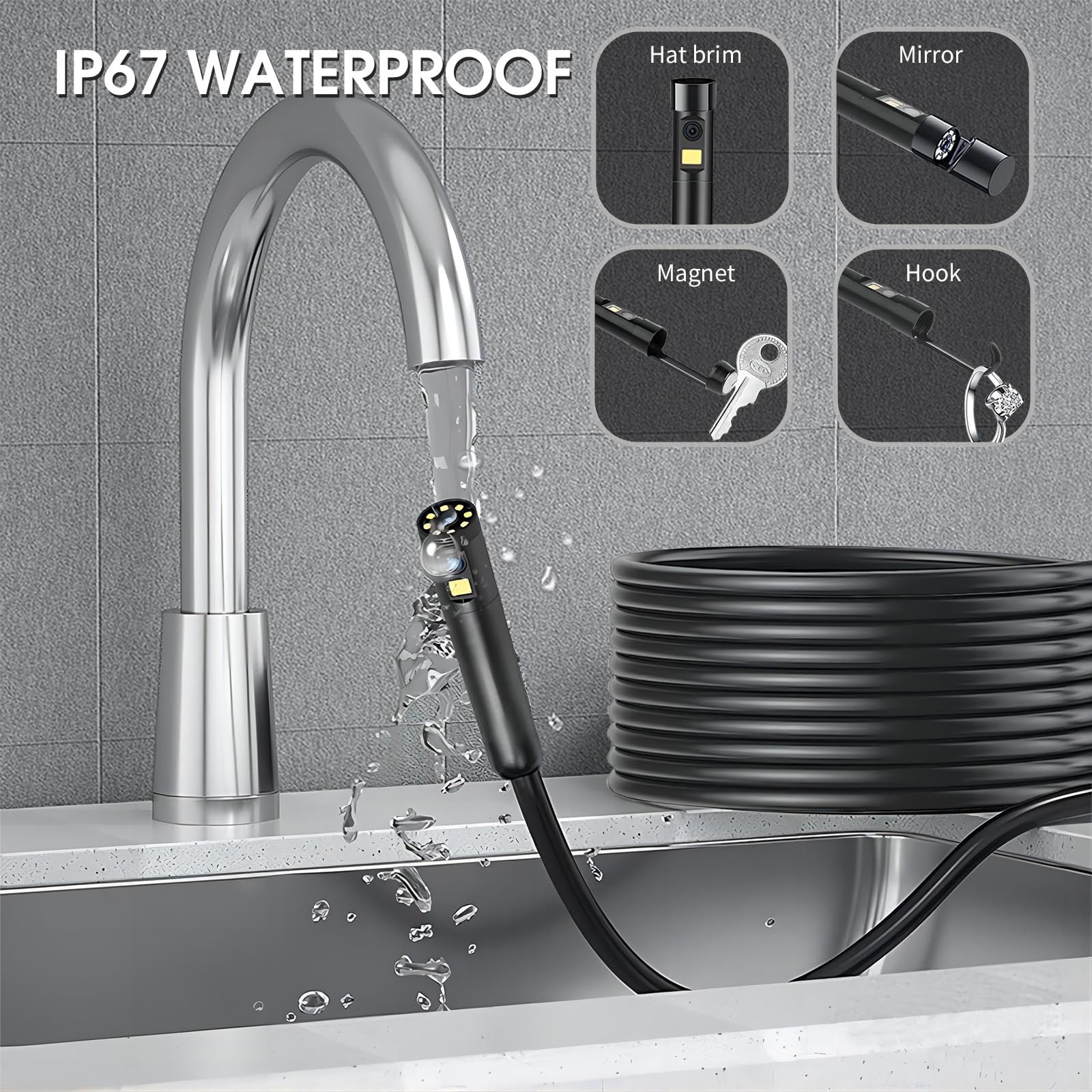 Dual Lens Endoscope Camera with Light, DPduct 1920P HD Borescope Inspection with 8+1 Lights, 7.9mm IP67 Waterproof 16.4ft Semi-Rigid Cable Snake Camera for Android and iOS,iPhone,iPad