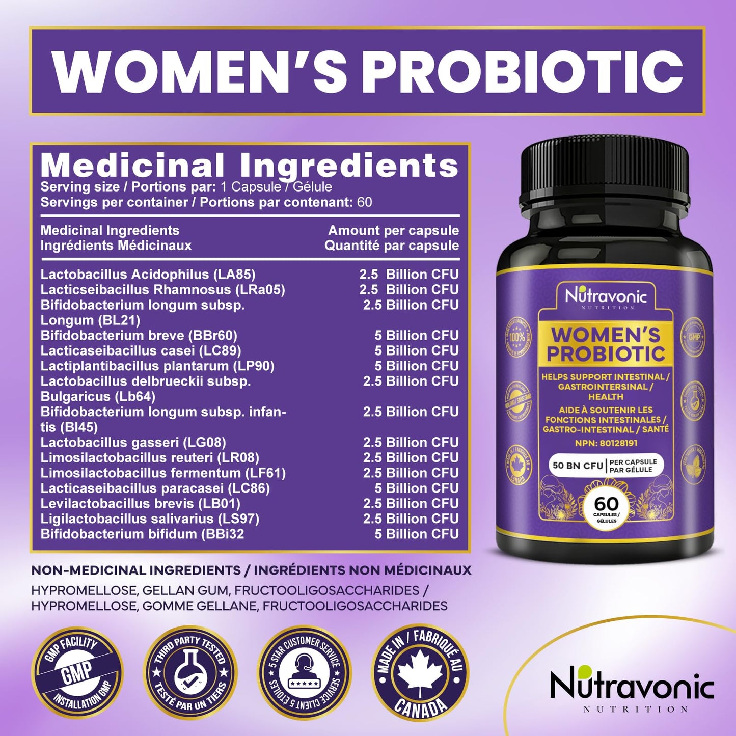 Probiotics for Women - 50 Billion CFUs Per Delayed Release Capsule. 15 Diverse Strains, including strains Limosilactobacillus Reuteri (lactobacillus reuteri) & lactobacillus gasseri. Support Gut Health, Bloating Relief & Digestion - 2 Month Supply. Nutrav - Available at All In One Marketplace Canada